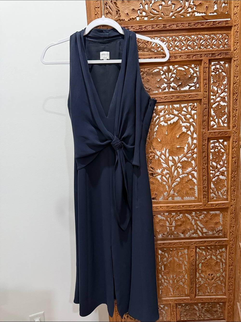 Armani Collezioni Navy Sleeveless Silk V-Neck Midi Dress with Front Knot